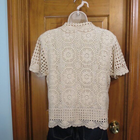 VTG Faith Mountain Cream Crochet Lace Sweater Top Lined Button Short Sleeve L - Picture 6 of 11